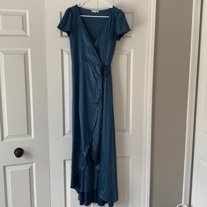 Baltic born Krystal Blue Satin wrap gown